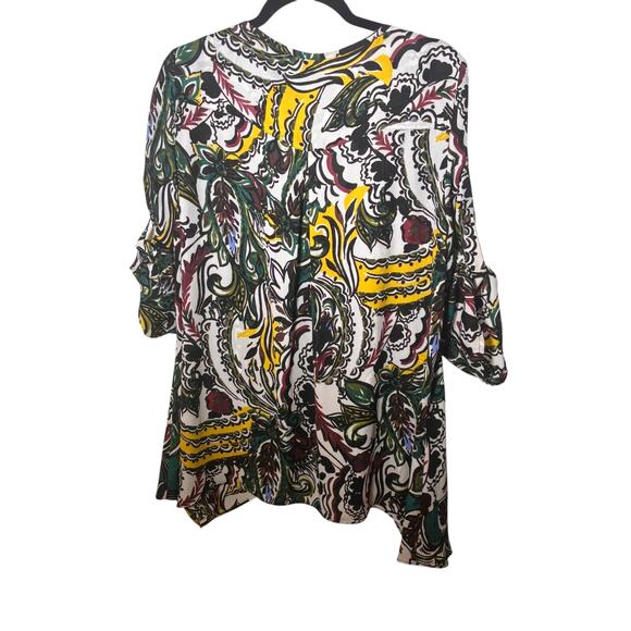 Chaus Size Large Art To Wear Asymmetrical Hem Top Fall Tab Sleeves Semi Sheer - Picture 1 of 9